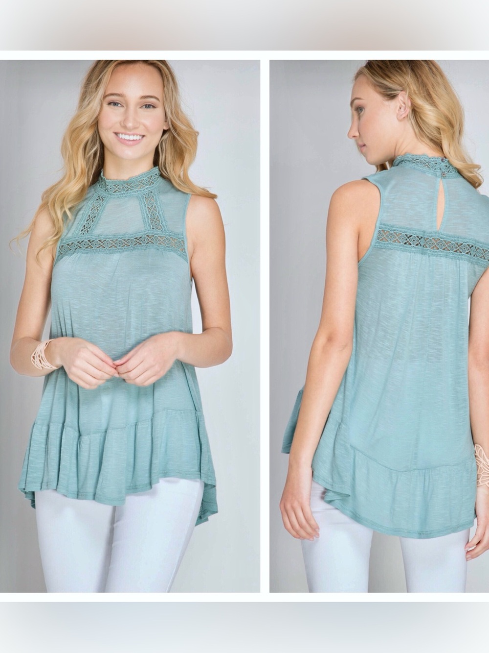 NWT/Sleeveless High-Neck Lace Trim Top - Aqua
small